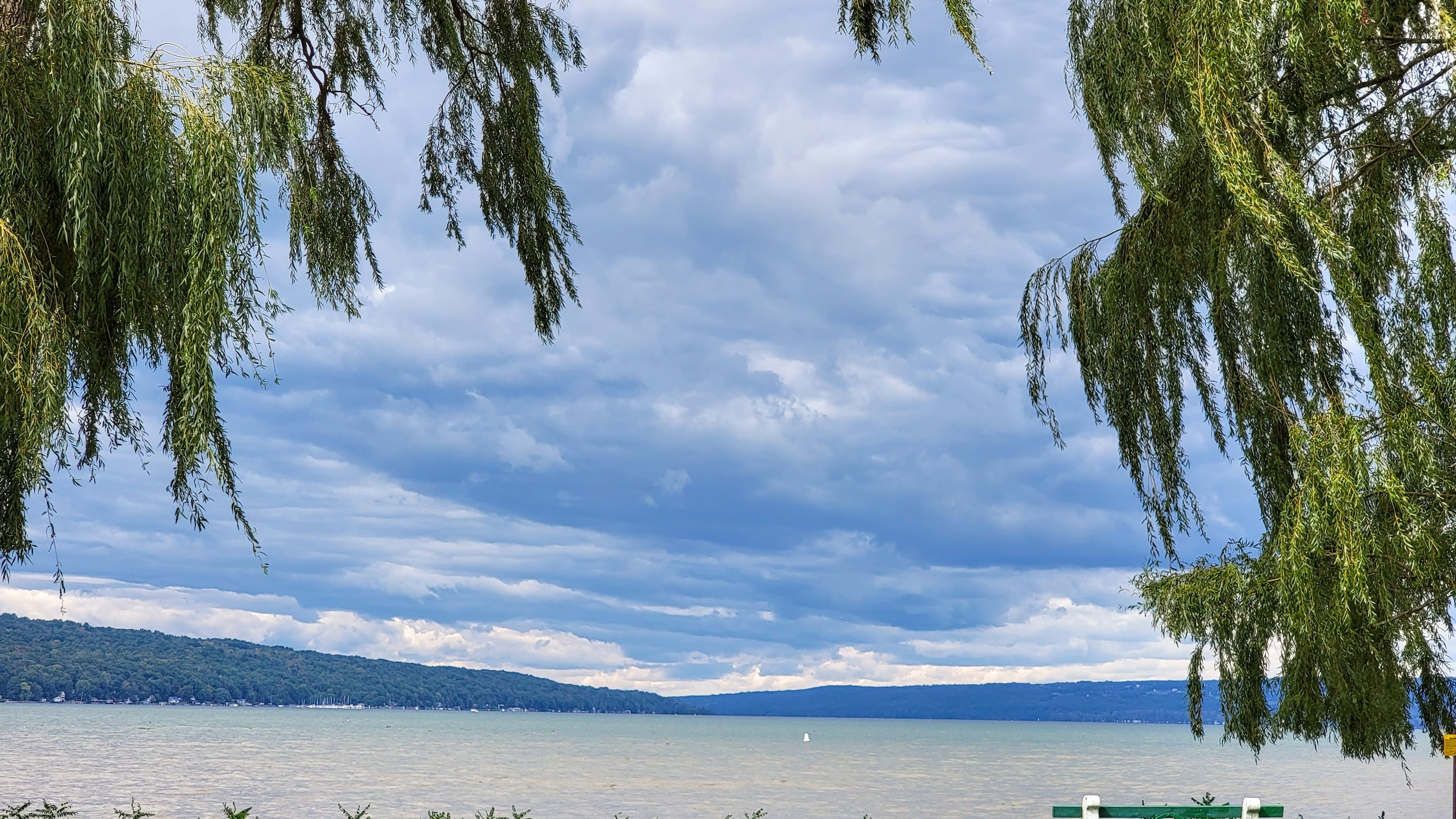 An inviting and relaxing image where you are looking out on a lake and the image is framed by weeping willows on both sides.